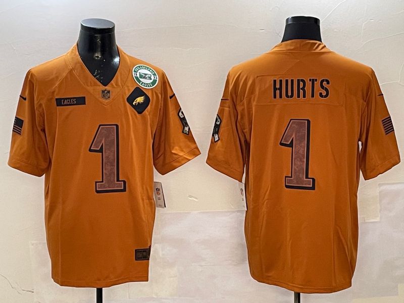 Men Philadelphia Eagles #1 Hurts Yellow Nike 2025 Salute to Service Limited NFL Jersey style 3